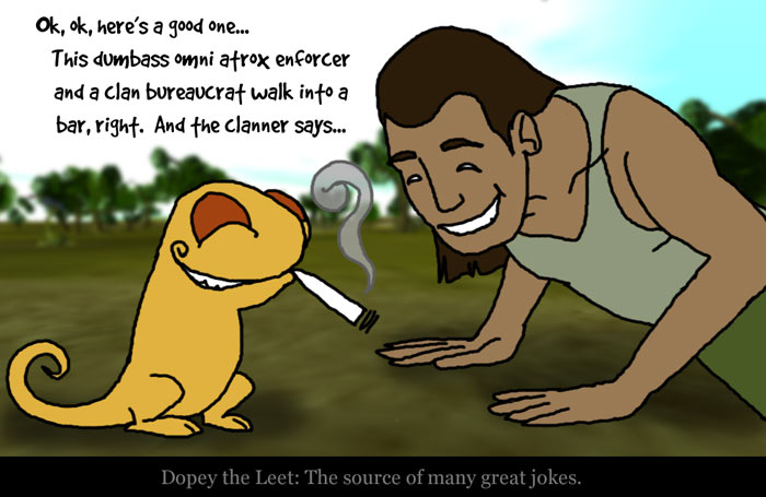 [Anarchy Online cartoon of joke-telling leet]