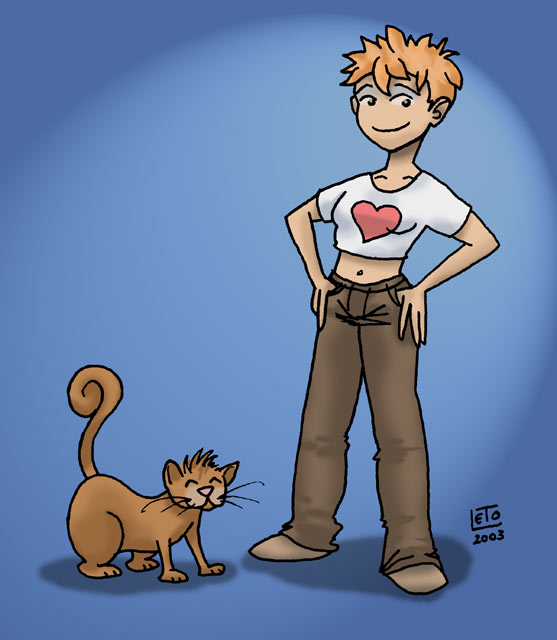 [Cartoon of girl and cat]