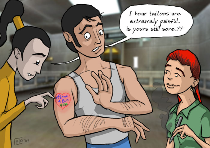 [Cartoon of man with sore flame tattoo]