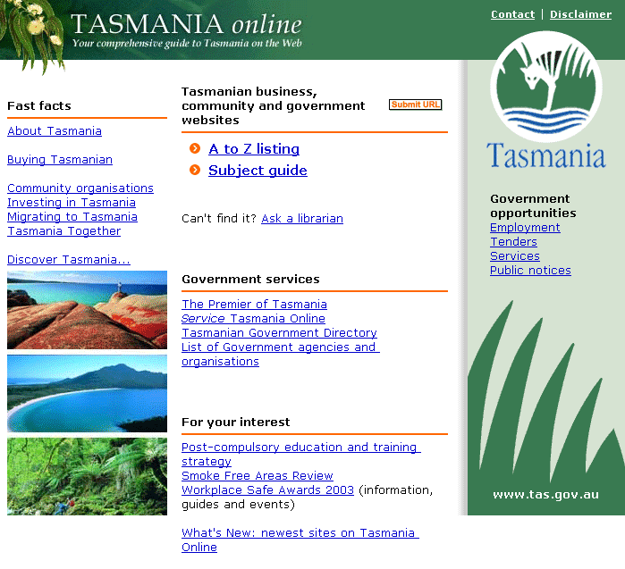 [Screenshot of Tasmania Online website]
